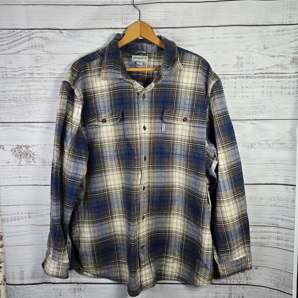 Carhartt Original Fit Flannel Shirt 2X Blue Plaid Workwear Button Up